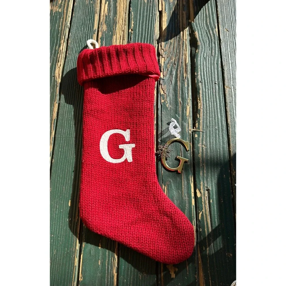 Red Knit Christmas‎ Stocking Monogram Letter G with Gold Tone G Ornament Set